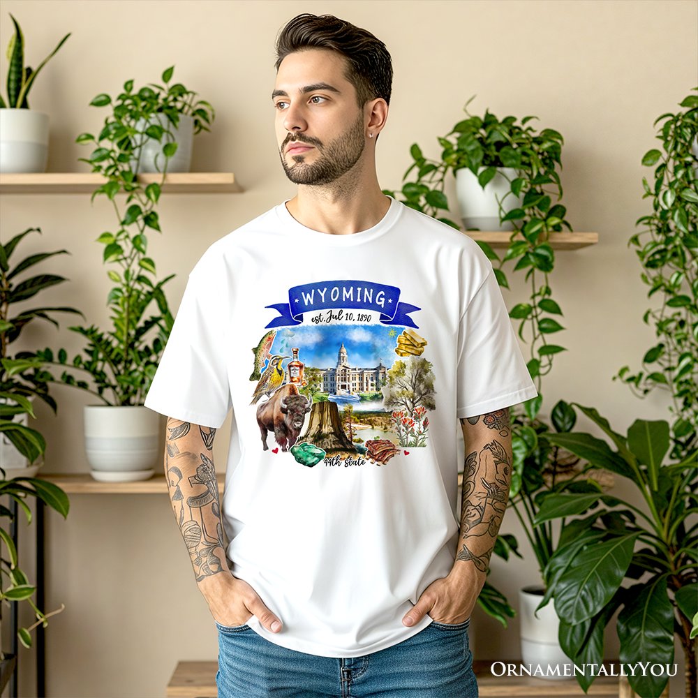 Artistic Wyoming State Themes and Landmarks T-Shirt, Tee for History and Travel Lovers