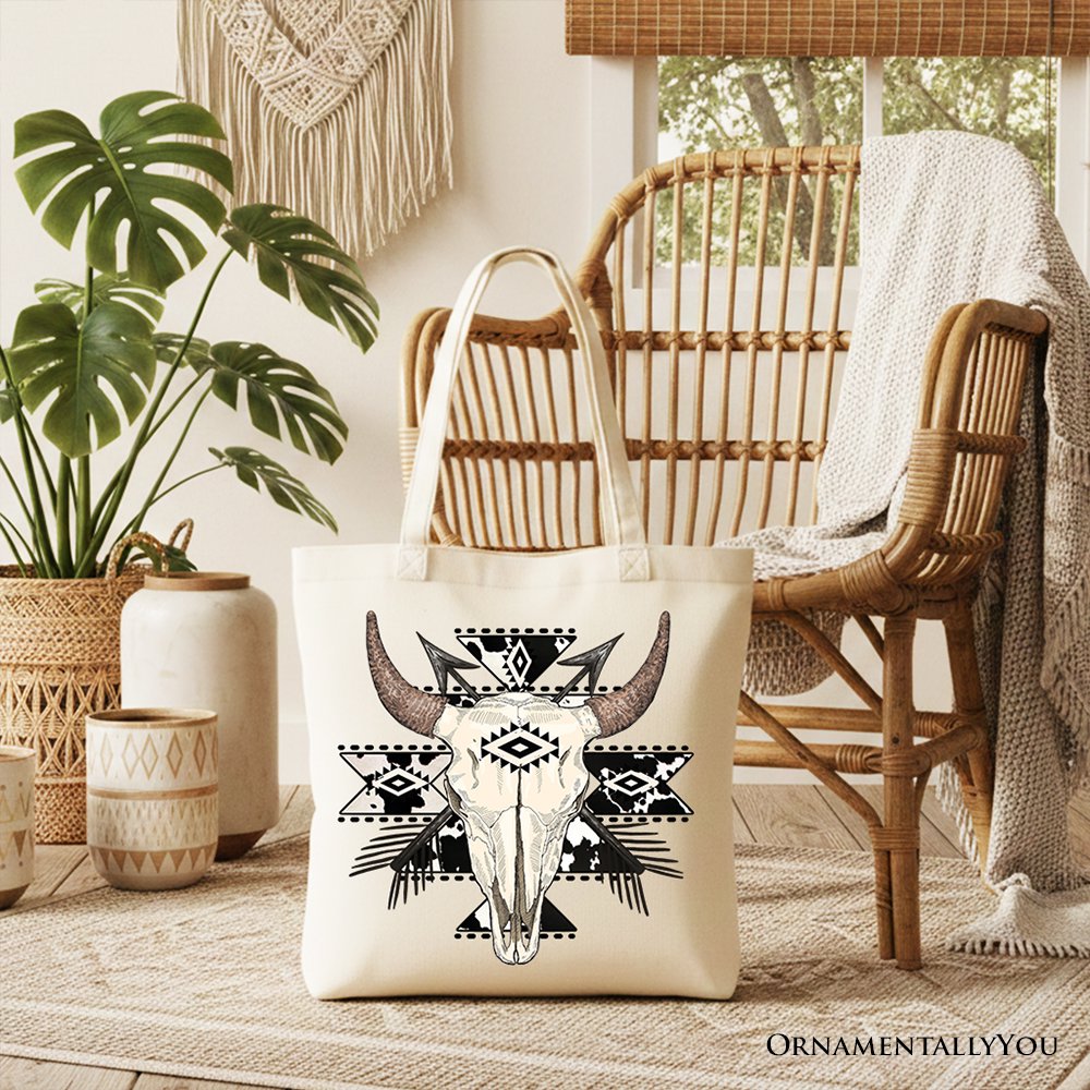 Aztec Tribal Bull Skull Canvas Tote Bag, Western Boho Gift Shopper