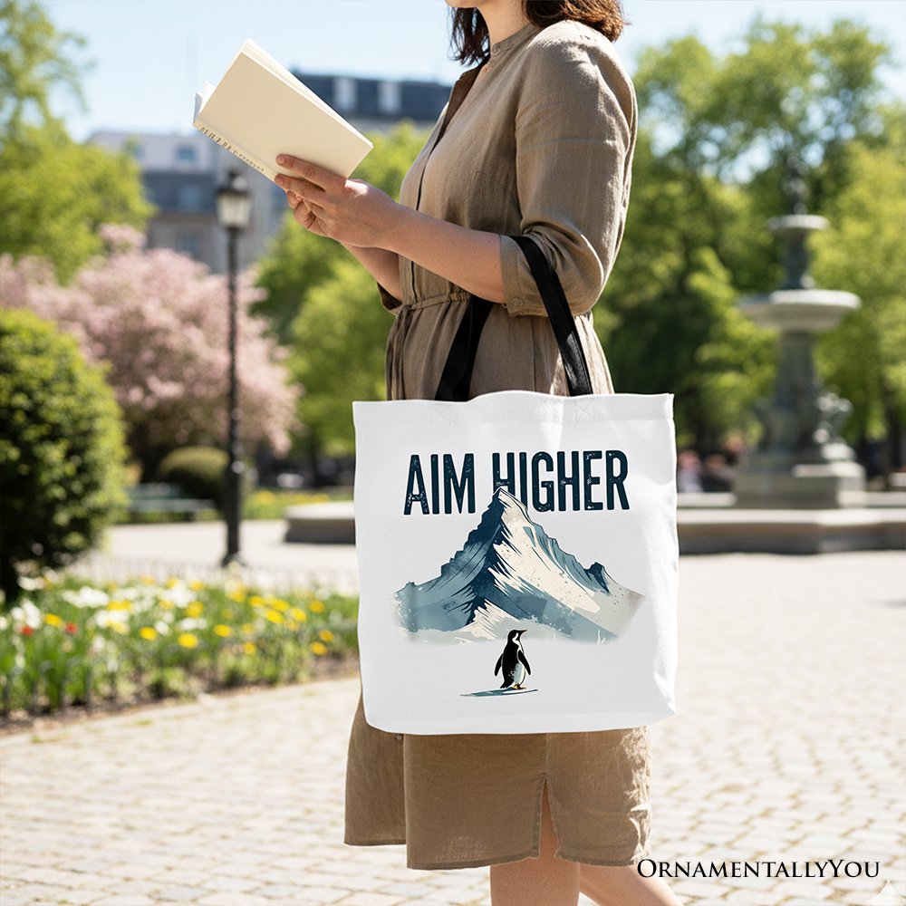 Aim Higher Penguin Tote Bag, Vintage Mountain Motivational Quote Gift Shopper