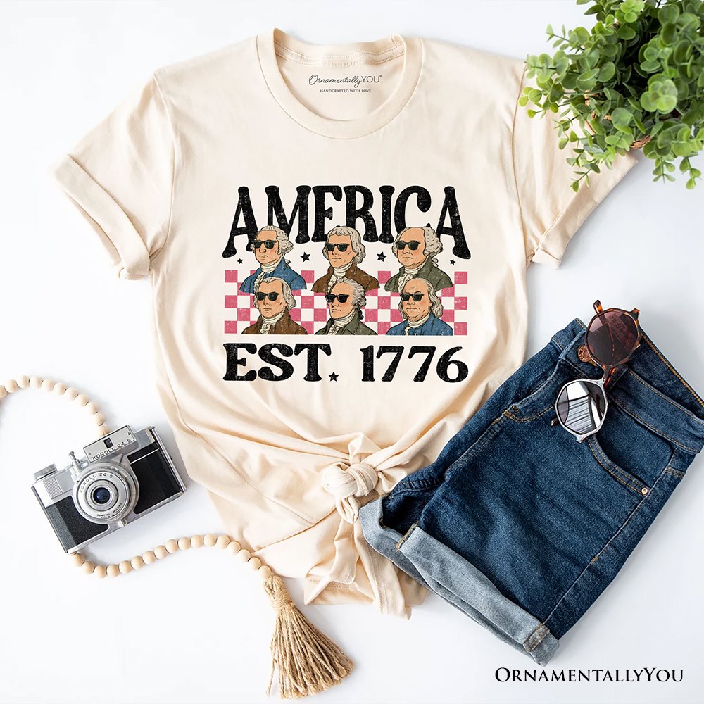 America Est 1776 Founding Fathers Vintage T-Shirt, Retro Patriotic Tee