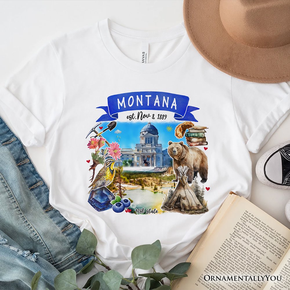 Artistic Montana State Themes and Landmarks T-Shirt, Tee for History and Travel Lovers