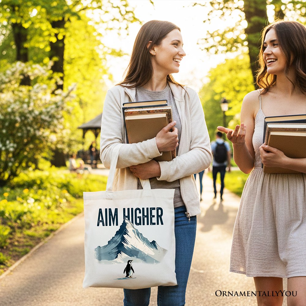 Aim Higher Penguin Tote Bag, Vintage Mountain Motivational Quote Gift Shopper