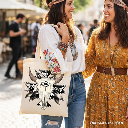 Aztec Tribal Bull Skull Canvas Tote Bag, Western Boho Gift Shopper