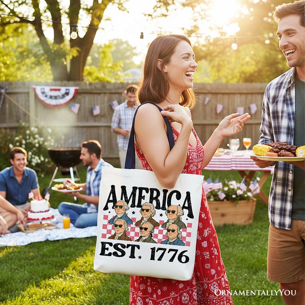 America Est 1776 Founding Fathers Vintage Canvas Tote Bag, Retro Patriotic Gift Shopper