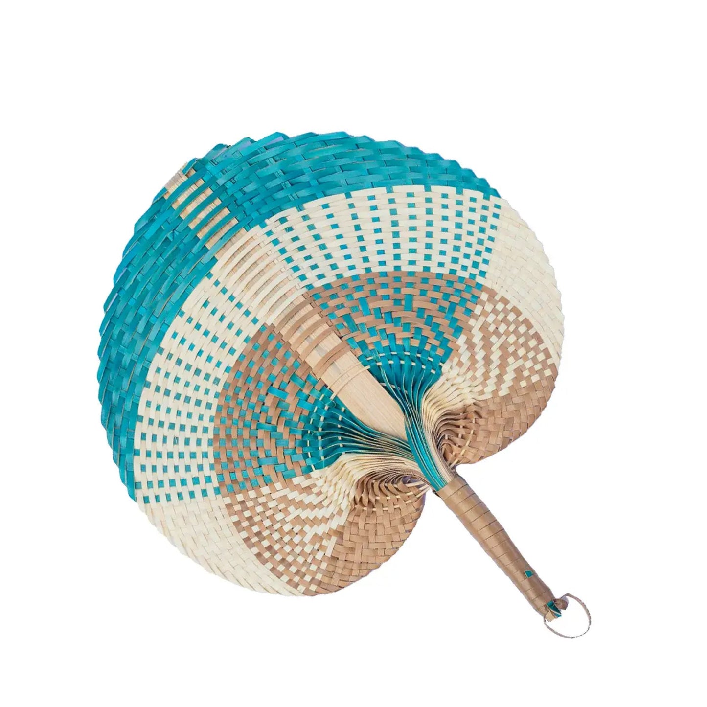 Raffia Rattan Wicker Woven Straw Hand Fan Natural Brown Turquoise