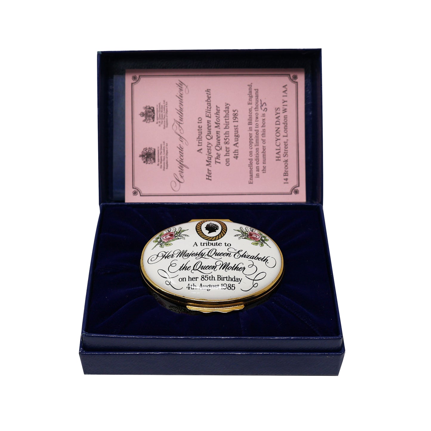 Halcyon Days 85th Birthday HM Queen Elizabeth The Queen Mother Enamel Box