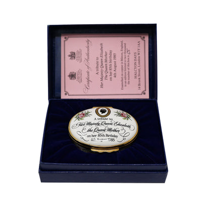 Halcyon Days 85th Birthday HM Queen Elizabeth The Queen Mother Enamel Box