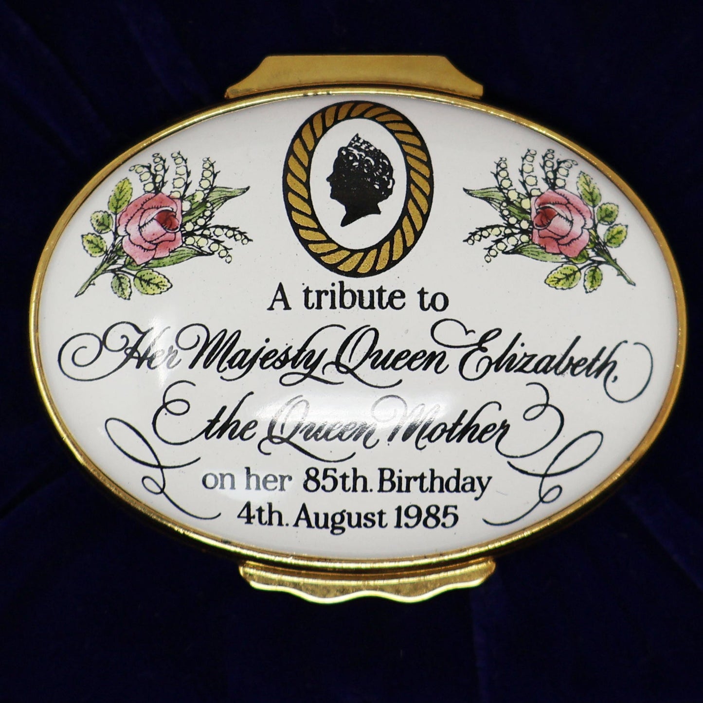 Halcyon Days 85th Birthday HM Queen Elizabeth The Queen Mother Enamel Box