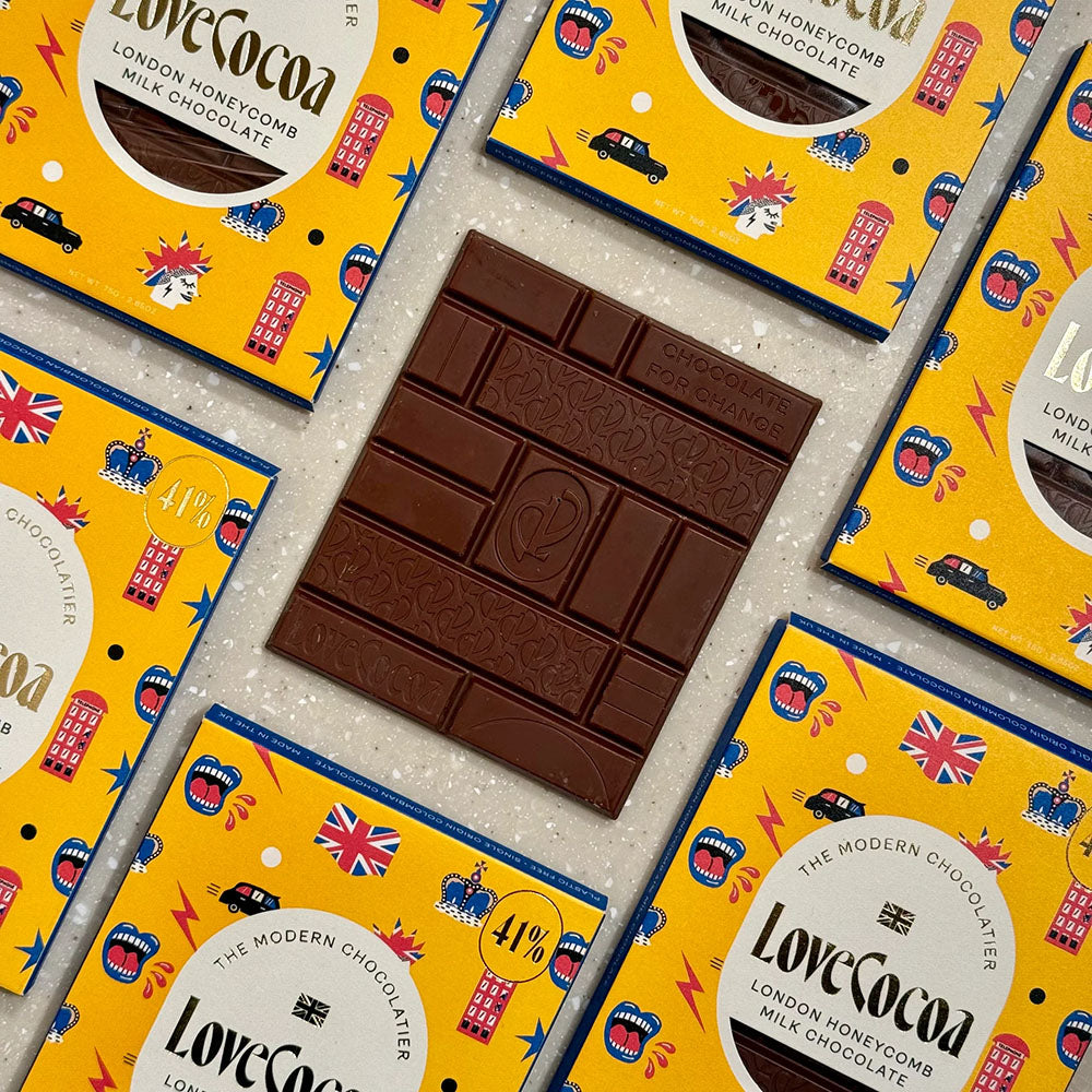 Love Cocoa Union Jack & Telephone Box Honeycomb Milk Chocolate Bar