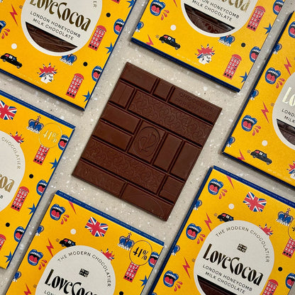 Love Cocoa Union Jack & Telephone Box Honeycomb Milk Chocolate Bar