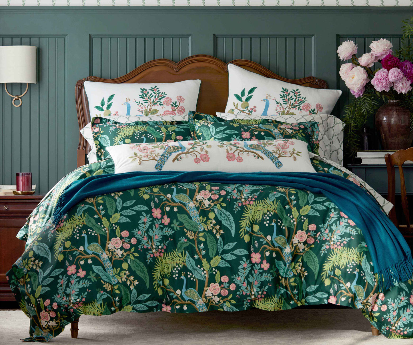 Embroidered Lumbar Pillow Cover - Peacock White