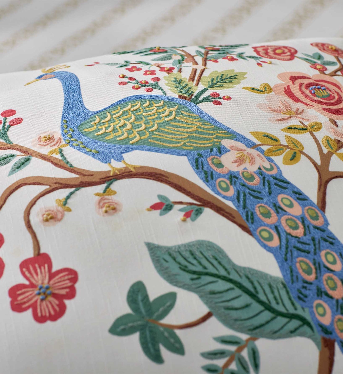 Embroidered Pillow Cover - Peacock Ivory