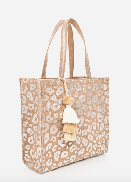 Leopard Handwoven Jute Brown Tote with Tassel - Silver