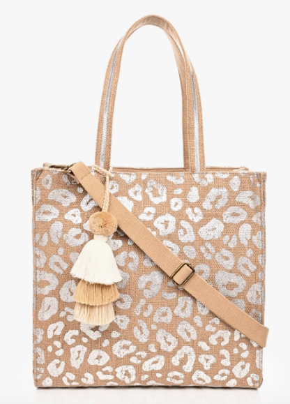 Leopard Handwoven Jute Brown Tote with Tassel - Silver
