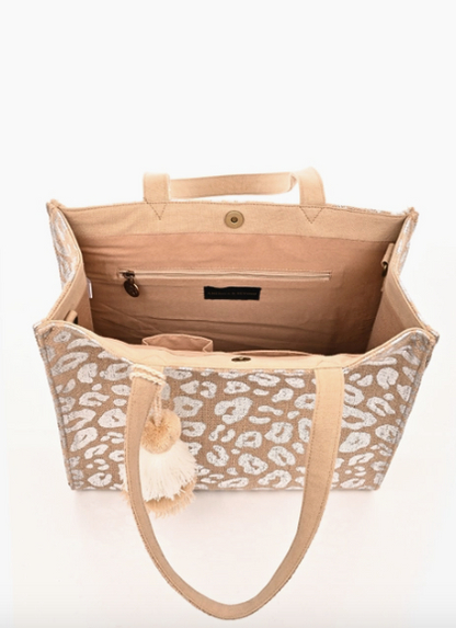 Leopard Handwoven Jute Brown Tote with Tassel - Silver