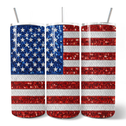 American Flag Sequin Print 20oz Personalized Tumbler With Lid and Stainless Steel Straw, Patriotic USA Stars and Stripes Gift Cup