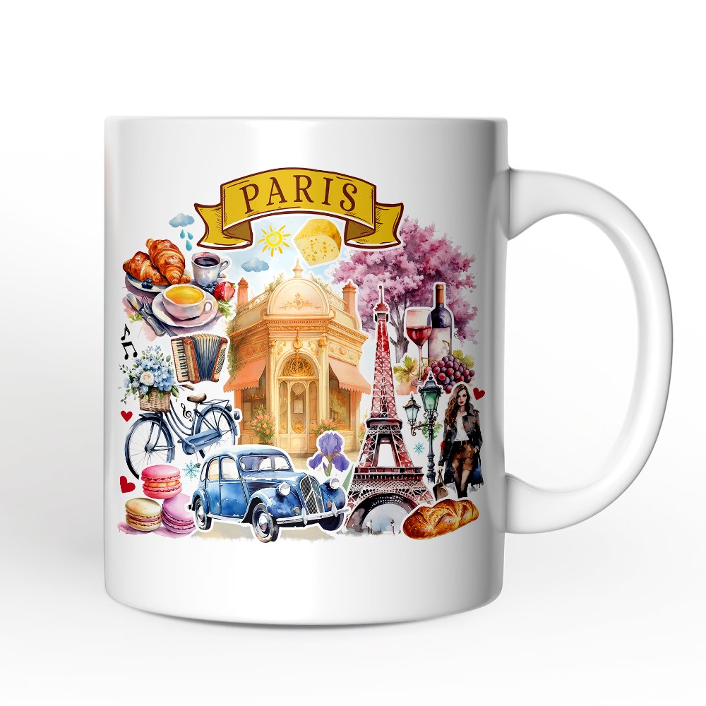 Artistic Paris Culture and Landmarks Personalized Mug, Classical France Gift and Souvenir with Custom Name