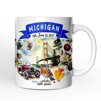 Artistic Michigan State Themes and Landmarks Personalized Mug With Custom Name