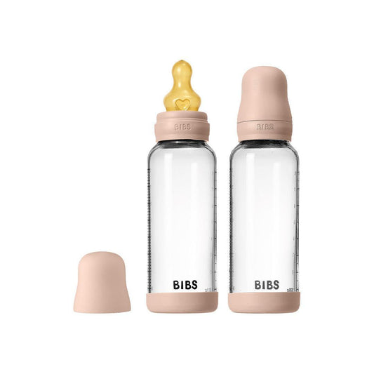BIBS 2 Pack Medium Flow Glass Baby Bottle Round Latex - 240ml - Blush