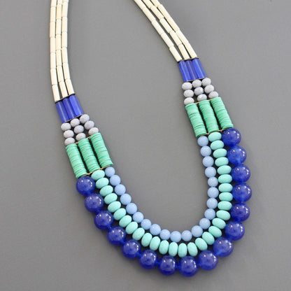 cobalt & turquoise triple strand necklace