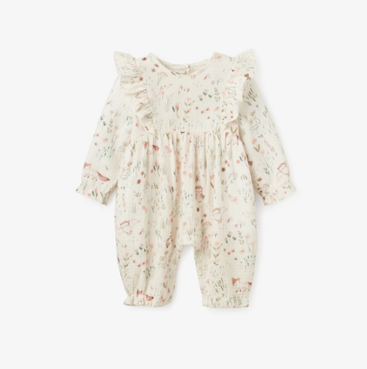 Owl Print Flutter Organic Muslin Baby Jumpsuit