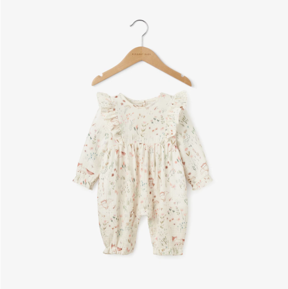 Owl Print Flutter Organic Muslin Baby Jumpsuit