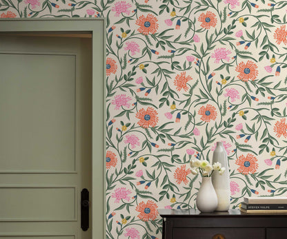 Aster Wallpaper Sample - Linen & Coral